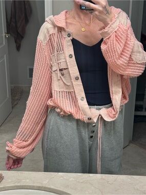 POL Peach Pink Open-Knit Hooded Button Cardigan